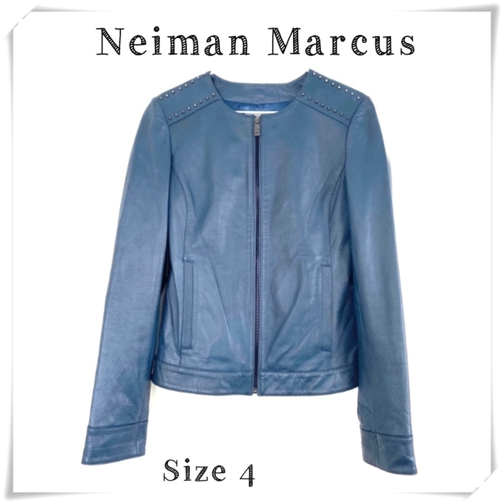 NEIMAN Marcus Leather Studded Shoulders Collarless Moto Jacket Teal Blue Size 4
